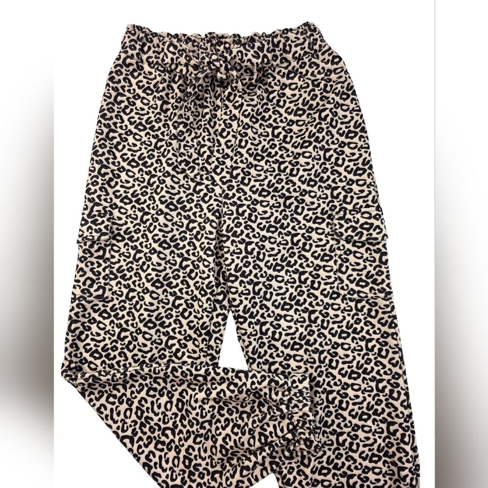 Belinda S Cheetah Print Cargo Jogger Paperbag Tied Waist Pants 2673-A